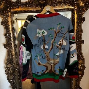 Vintage Eagles Eye family tree genealogy novelty hand knit cardigan sweater